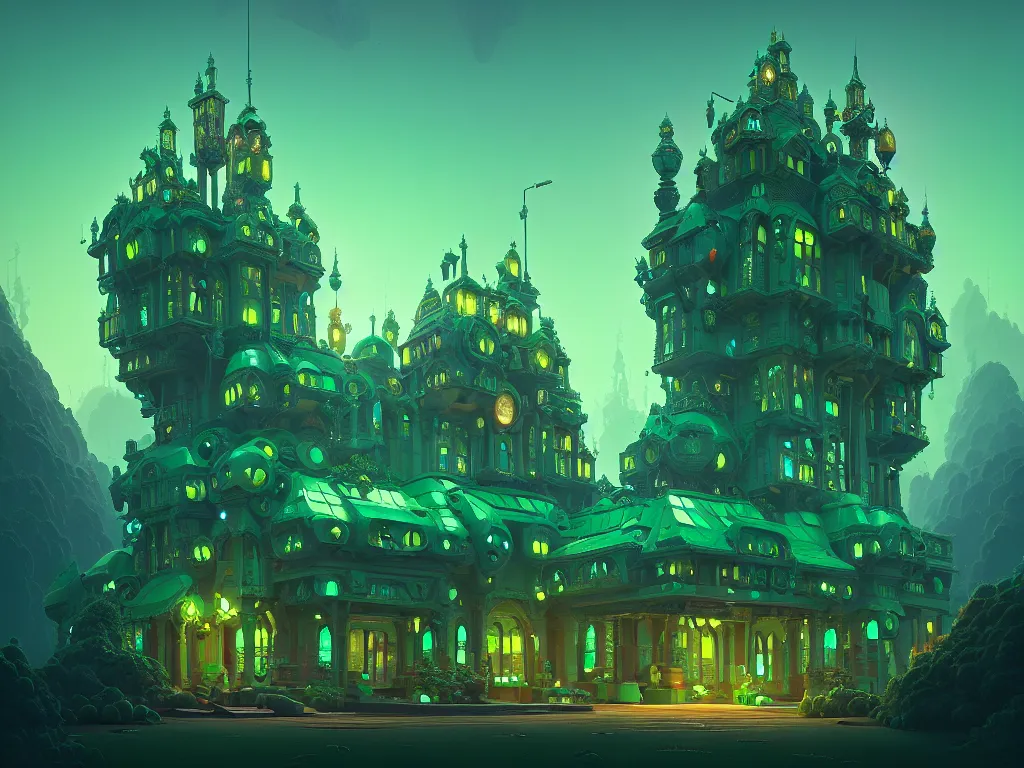Prompt: emerald gem gemstone palace, moody:: Simon Stålenhag and beeple and James Gilleard and Justin Gerard :: ornate, dynamic, particulate, intricate, elegant, highly detailed, centered, artstation, smooth, sharp focus, octane render, 3d