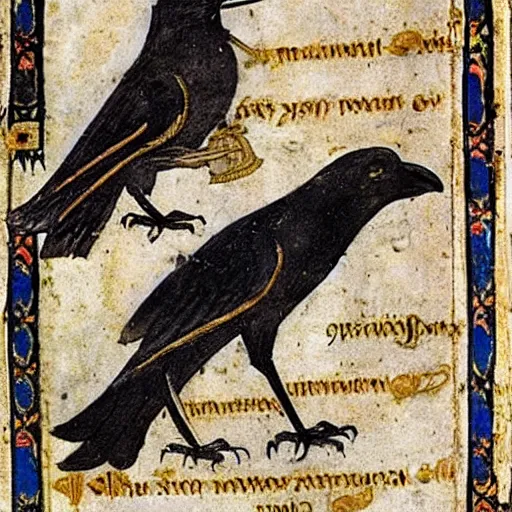 Image similar to bad drawed mix between a crow and a mage king in a medieval manuscript, medieval manuscript, golden miniatures