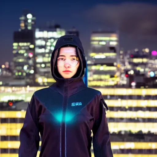 Image similar to photographic portrait of a techwear woman, closeup, on the rooftop of a futuristic city at night, sigma 85mm f/1.4, 4k, depth of field, high resolution, 4k, 8k, hd, full color