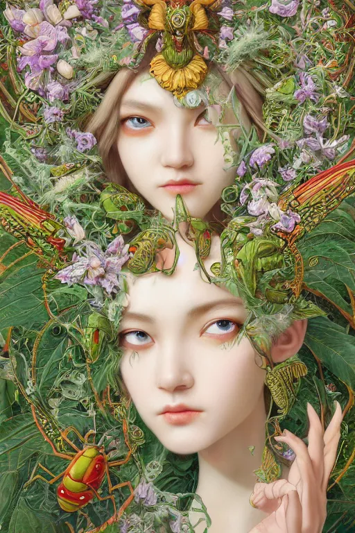 Prompt: breathtaking detailed concept art painting of the goddess of green bugs, orthodox saint, with anxious, piercing eyes, ornate background, amalgamation of leaves and flowers, by Hsiao-Ron Cheng, James jean, Miho Hirano, Hayao Miyazaki, extremely moody lighting, 8K