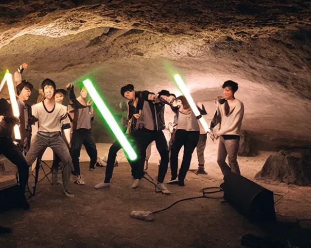 Image similar to neolithic cave gig, generic kpop boy band, lasers, light sabers, blaster pistols, smoke machine, cdx