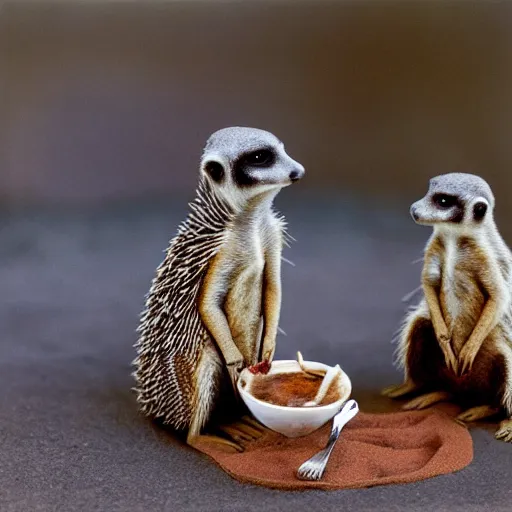 Prompt: meerkat with hedgehog drinking coffee, cinematic, kodachrome