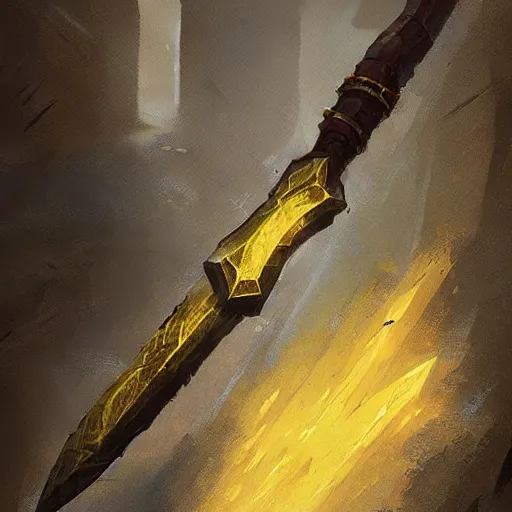 Image similar to yellow battle hammer, war hammer weapon, fantasy game weapon art by greg rutkowski, fantasy rpg style, league of legends item