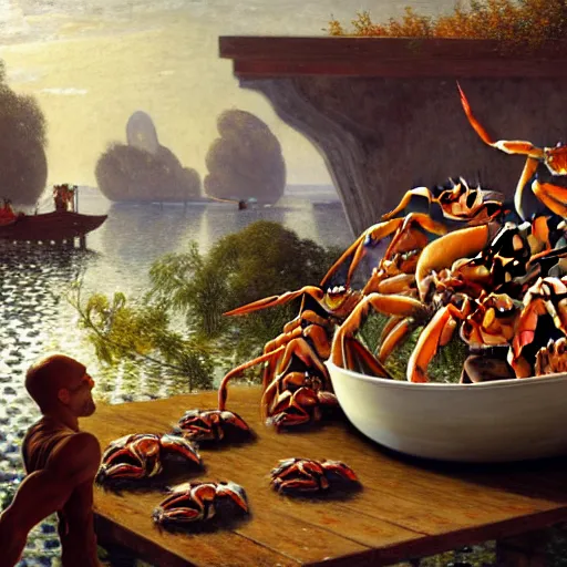 Prompt: crabs and humans in a bowl!!!!!!!!! by Lajos Berán, Albert Bierstadt, Robert Henderson Blyth, Claude Bonin-Pissarro, Sandro Botticelli, unreal Engine Fantasy Illustration. award winning, Artstation, Hyperdetailed, 8k resolution