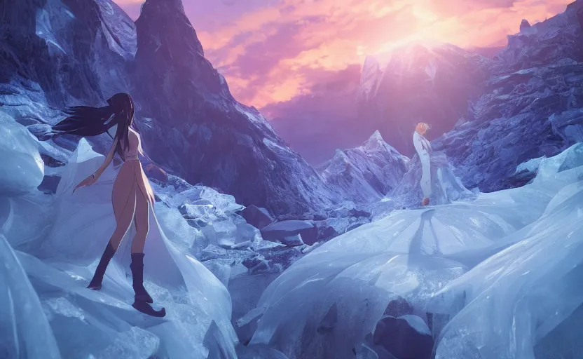 Prompt: Himalayan in an ice temple, beautiful flowing fabric, sunset, dramatic angle, dynamic pose, 8k hdr pixiv dslr photo by Makoto Shinkai ilya kuvshinov and Wojtek Fus