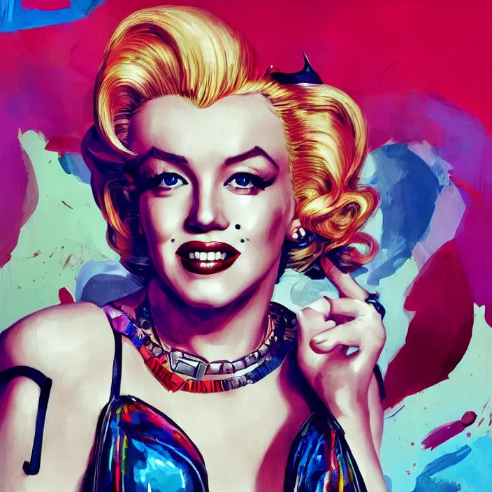 Prompt: portrait of Marilyn Monroe as a harley quinn. intricate abstract. intricate artwork. by Tooth Wu, wlop, beeple, dan mumford. octane render, trending on artstation, greg rutkowski very coherent symmetrical artwork. cinematic, hyper realism, high detail, octane render, 8k, iridescent accents