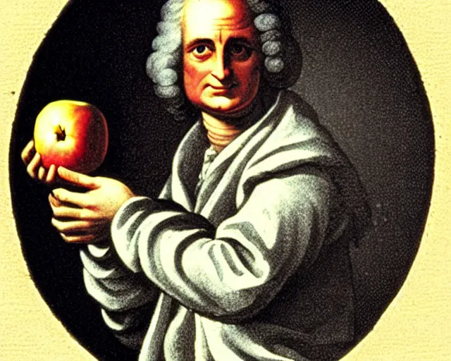 Image similar to isaac newton holding an apple in his hands and looking at the moon