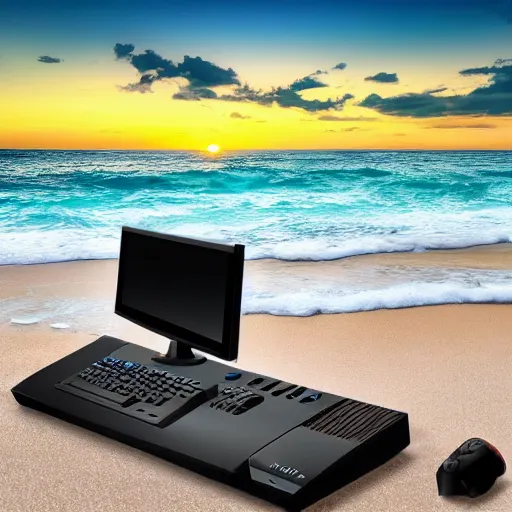 Image similar to desktop gaming pc on the beach near the sea, sunset, cinematic view, 8k, beautiful