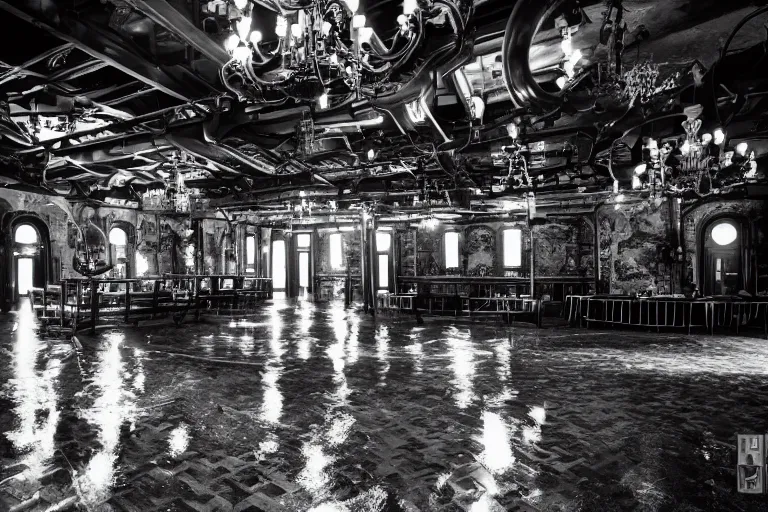Prompt: steampunk ballroom flooding, filling up with water, black and white photograph