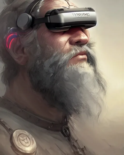 Image similar to a grey bearded viking cyborg wearing a vr headset, shoreditch, real life skin, intricate, highly detailed, artstation, concept art, smooth, sharp focus, art by artgerm and greg rutkowski