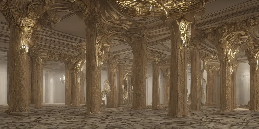 Image similar to ultra detailed, high definition, octane render 3d, throne room, stone pillars, high ceiling, art nouveau, goth