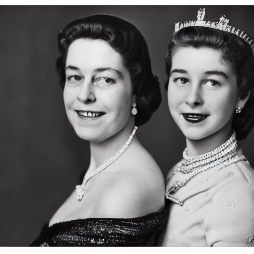 Image similar to A portrait photo of queen elizabeth teams up with a teenage queen elizabeth, perfect faces, 50 mm, award winning photography