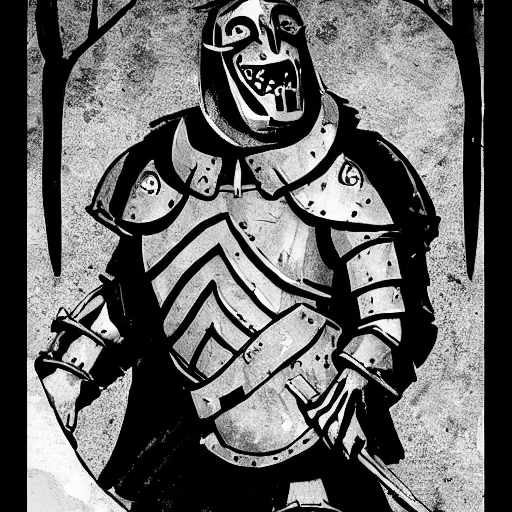 Prompt: medieval man with armor crying concept art in the style of mike mignola high detailed