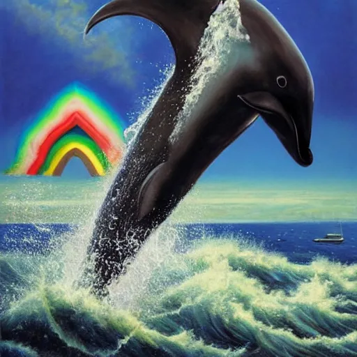 Prompt: a hyper realistic painting of the grim reaper on the back of a dolphin that is jumping over a rainbow, by james c christensen,