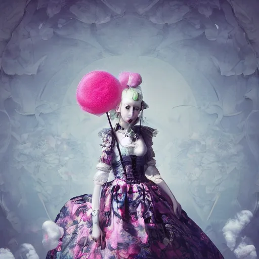 Image similar to 8 k, octane render, realism, tonalism, renaissance, rococo, baroque, cotton candy, creepy young lady wearing long harajuku manga dress with flowers and skulls ( background chaotic flowers )