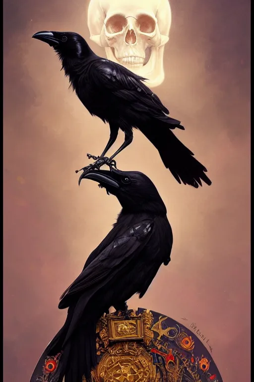 Image similar to painting of a crow sitting on a satanic skull, decorated, intricate, elegant, highly detailed, digital painting, artstation, concept art, smooth, sharp focus, illustration, art by artgerm and greg rutkowski and alphonse mucha, 8 k