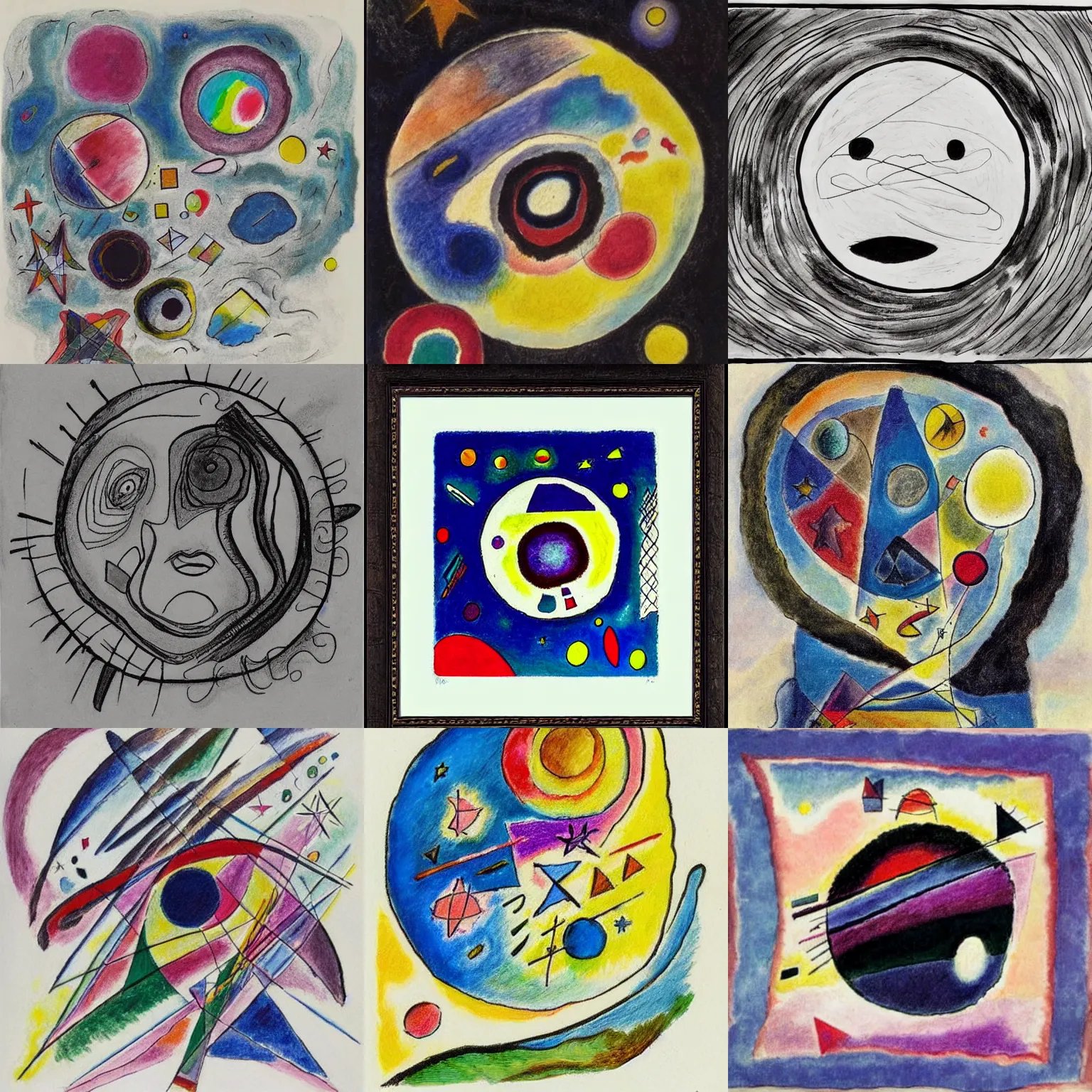 Prompt: A face + a star + a planet + the sea + love + Ink drawing + Abstract art + Pencil Sketch + by Wassily Kandinsky +