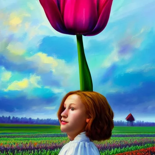 Image similar to dutch girl with singular giant tulip as a head, surreal photography, flower field, sunset dramatic light, impressionist painting, colorful clouds, blue sky, digital painting, artstation, simon stalenhag