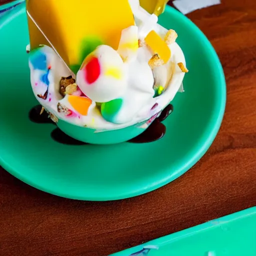 Prompt: high quality photo of the best ice cram sundae in the world on a yellow tray on a green table with a clean background