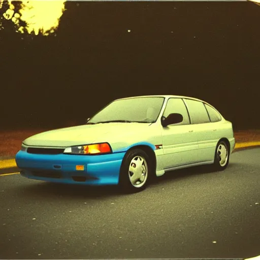 Prompt: retro 90s 97’ film photo harsh flash. Night time dark dimly lit parking lot. 1996 blue WRX front side view. ((Polaroid)) harshflash