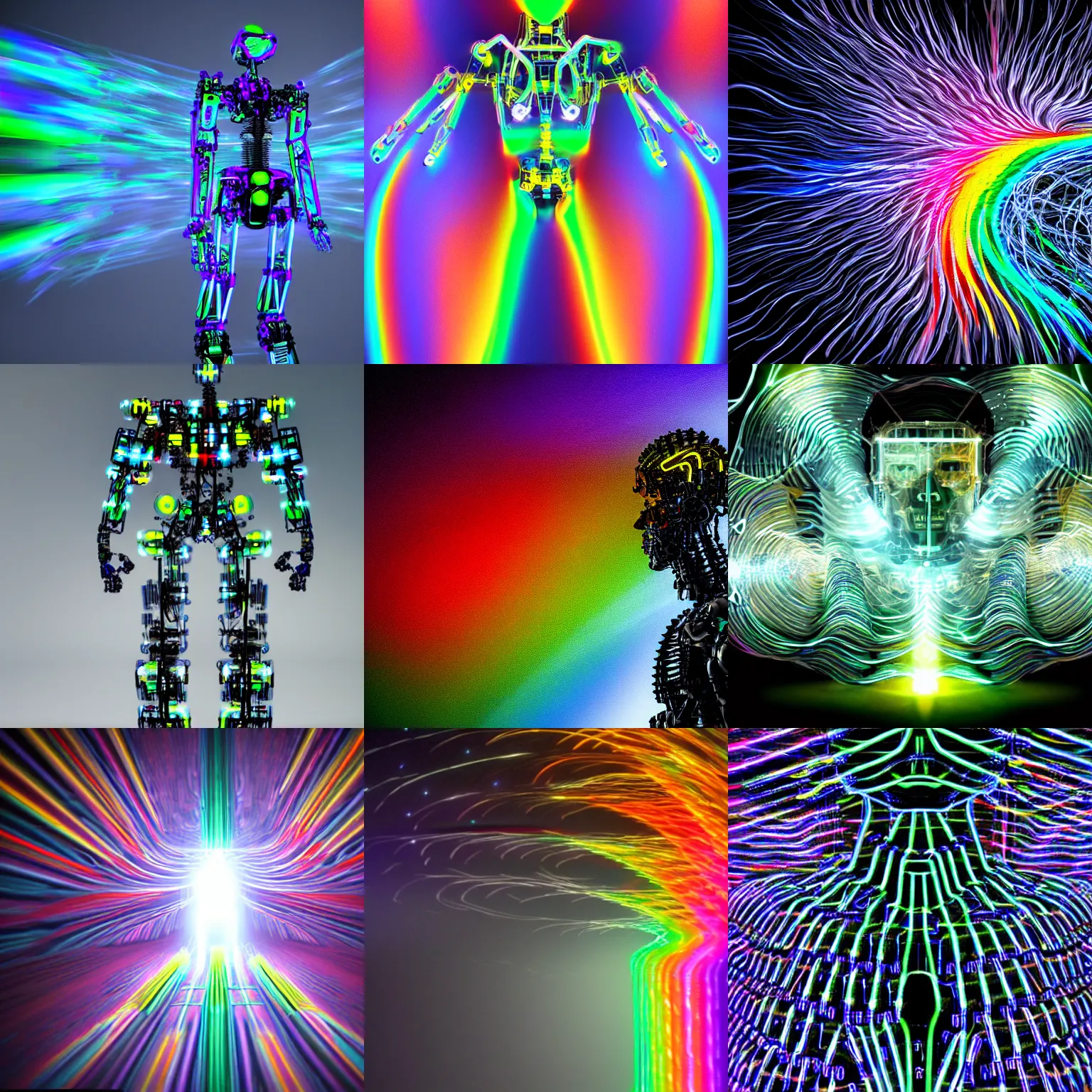 Prompt: light spectrum storm swirling covering interwoven a humanoid mech endoskeleton