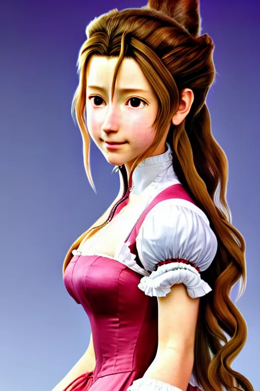 Image similar to subject : detailed full body portrait illustration of aerith gainsborough perfect face, medium : oil on canvas, style : realistic pose study portrait, maximalist, accurate, full color chiaroscuro artist : tetsuya nomura, 4 k, focus : full body and head