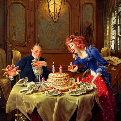 Prompt: lawyer eating a big birthday cake in a courtroom, realistic, regal, refined, detailed digital art, michael cheval, walt disney ( 1 9 3 7 ), francois boucher, oil painting, steampunk, highly detailed, cinematic lighting, unreal engine, 8 k