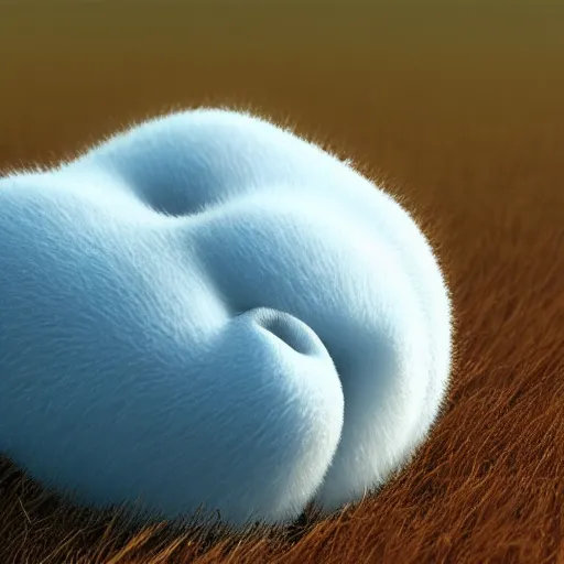 Image similar to a white cat paw holding a light blue apple, close up, with a field in the background, unreal engine