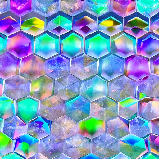 Image similar to pattern of joined hexagonal clear quartz crystals, with a high refractive index, through which is clearly visible the beatific richly multicoloured lights of paradise, exquisitely clear and hyper realistically sharp,