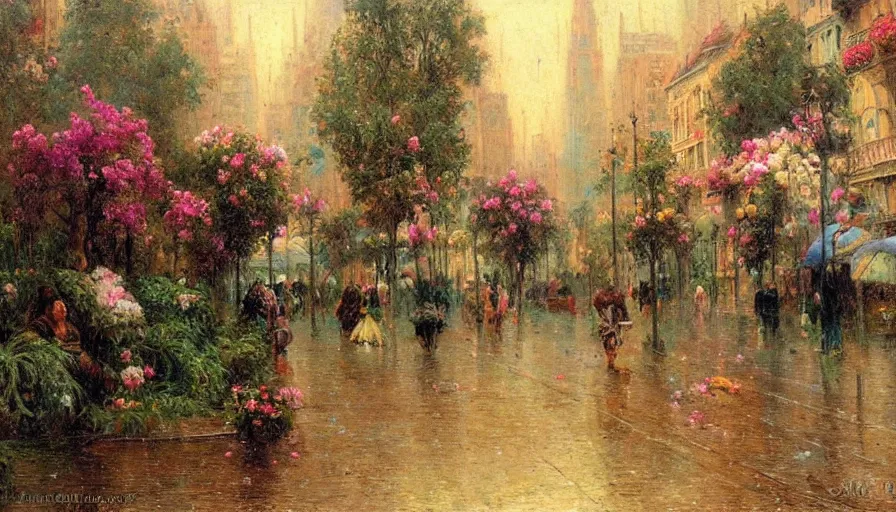 Image similar to city full of flowers, plant and trees, during heavy rain, in the style of Gaston Bussière, Art Nouveau