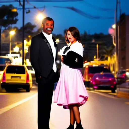 Image similar to A black man wearing white suit and a black tie with a white woman wearing a pink dress on street at night , traffic in background , highly detailed face
