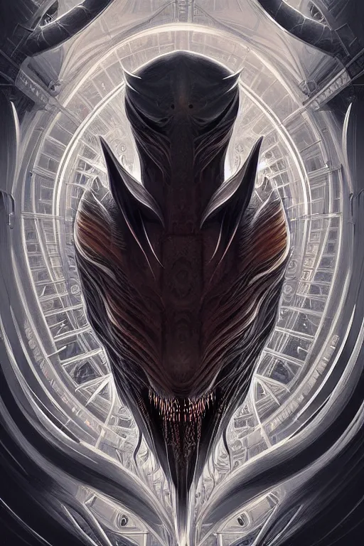 Image similar to professional concept art symmetrical portrait of a horrendous mechanical predatory fractal! species in a dark room by artgerm and greg rutkowski. an intricate, elegant, highly detailed digital painting, concept art, smooth, sharp focus, illustration, in the style of cam sykes.