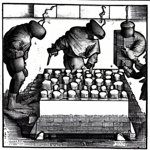 Image similar to gelatinous cubes being processed into magic items with the juice made from their bodies, d & d, industry magazine photo from the year 1 1 8 9