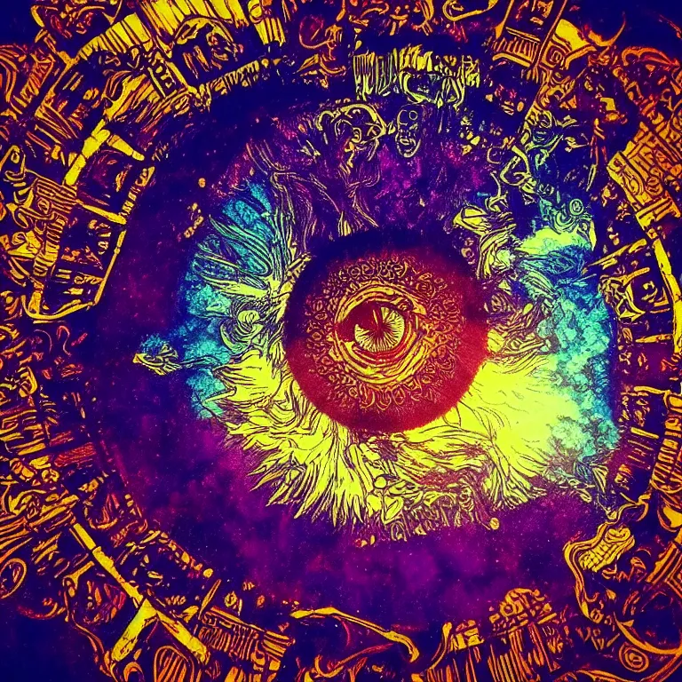 Prompt: eyes skyward tiny macro dmt eye staring at the sun immense knowledge supreme peace overwhelming color apocalyptic blue gold black violet infrared ornate