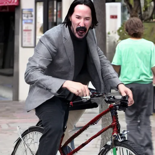 Prompt: Keanu Reeves eating ice cream on a bicycle