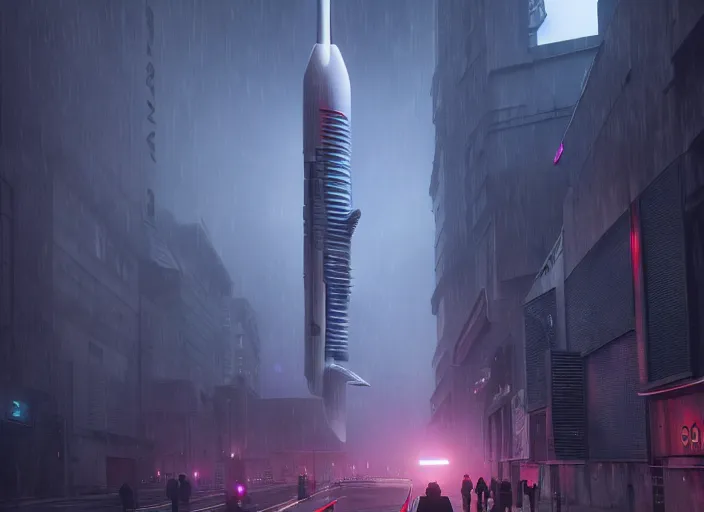 Prompt: blade runner 2 0 4 9 city architecture, spacex starship rocket launch, xenomorph colony, environmental lighting, stromy weather, ray tracing, people walking in street, amazing view, futuristic, highly detailed, editorial, dslr, 2 4 mm, octane render, unreal engine 5, artstation, 4 k