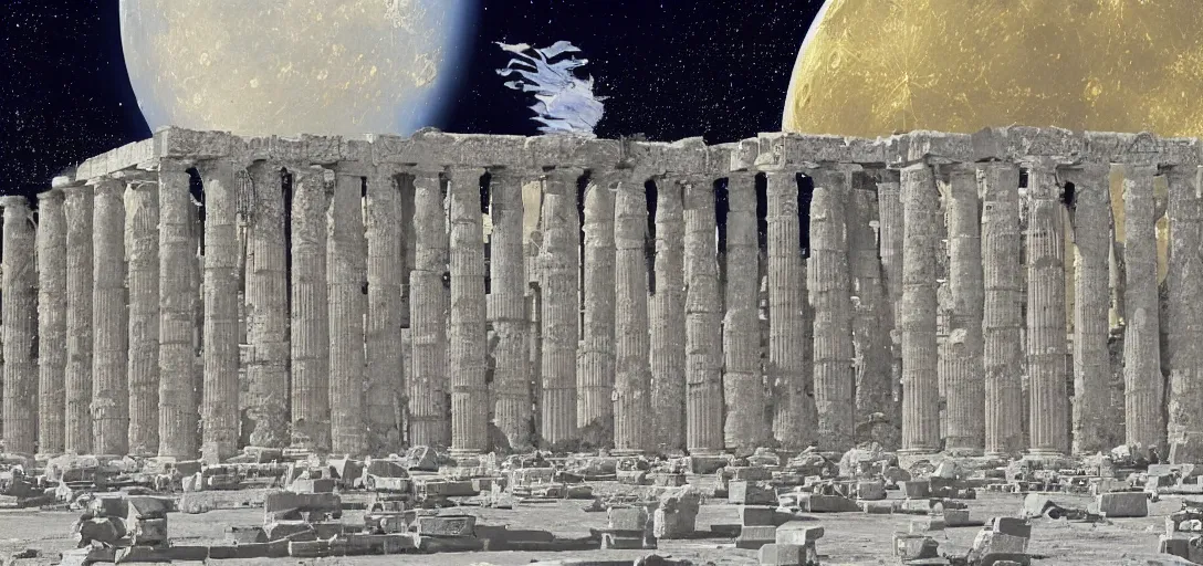 Image similar to The ruins of the Silver Millennium on the moon from Sailor Moon, digital painting, large Earth in the distance, Greek-esque columns and ruins