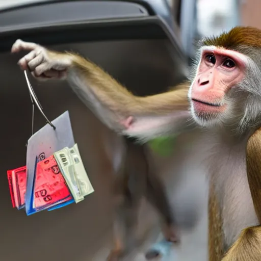 Image similar to photograph of a monkey dressed as a loan shark collecting money