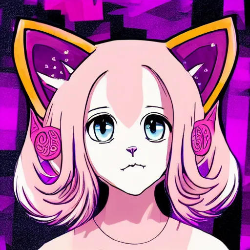 Prompt: digital card art of anime (cat) girl Joe Biden with cat ears surrounded by magic circles. Short hair. Pink hue. Highly detailed. Beautiful