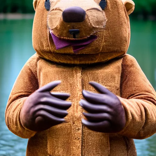 Image similar to Stern anthropomorphic beaver dressed in corduroy clothes, XF IQ4, f/1.4, ISO 200, 1/160s, 8K, RAW, unedited, symmetrical balance, in-frame