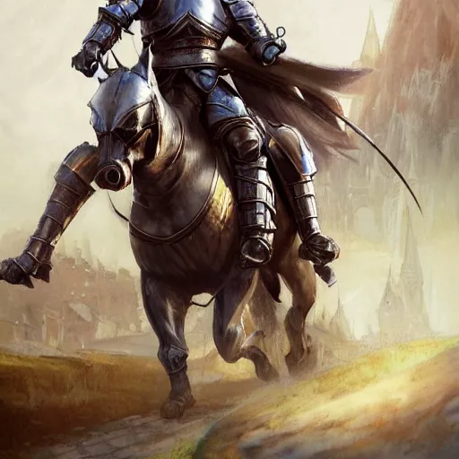 Image similar to a mounted knight in full armor and a lance, riding in a jousting arena, art by artgerm and greg rutkowski and magali villeneuve, d & d, fantasy, highly detailed, digital painting, trending on artstation, concept art, sharp focus, illustration