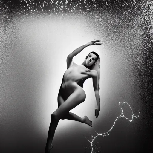 Image similar to medium format photograph of a surreal fashion shoot underwater with lightning strikes and neon fish