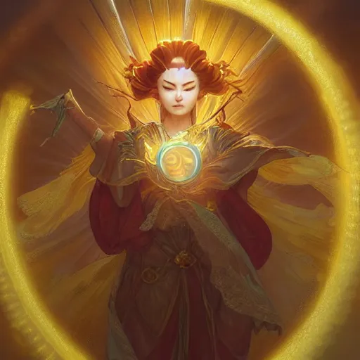 Prompt: The goddess Amaterasu clothed in pure golden light energy, D&D, highly detailed, digital painting, artstation, concept art, sharp focus, illustration, art by artgerm and greg rutkowski and alphonse mucha