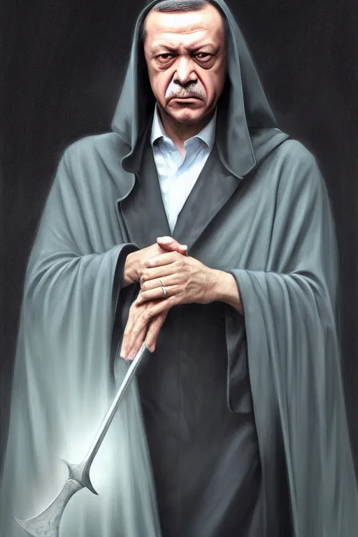 Prompt: Recep Tayyip Erdogan as Grim Reaper in a hood, portrait, highly detailed, digital painting, artstation, concept art, smooth, sharp focus, illustration, cinematic lighting, art by artgerm and greg rutkowski and alphonse mucha