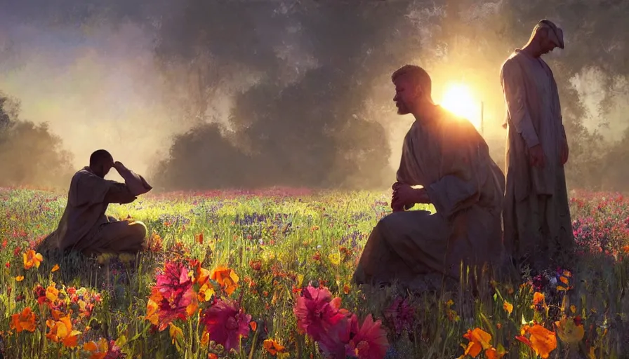 Image similar to craig mullins a man in robes kneels and prays in a field of flowers, the sun's holy light shines down upon him, colorful, solarpunk, unreal engine, hyper realism, realistic shading, cinematic composition, realistic render, octane render, detailed textures, photorealistic, wide shot