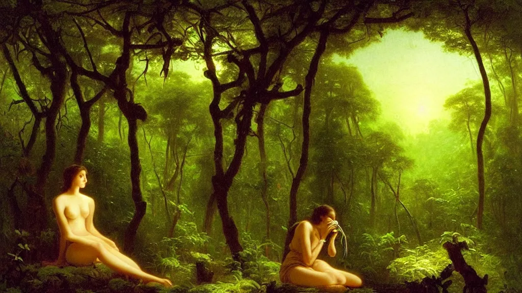 Prompt: a beautiful skinny woman with big eyes and a small nose eating a bioluminescent flower in a verdant jungle by albert bierstadt.