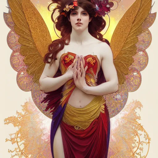 Image similar to a beautiful orchid phoenix angel woman, in an ornamented dress with large wings, volumetric light, god rays, 8 k high resolution, rubies, by alphonse mucha, artgerm, greg rutkowski