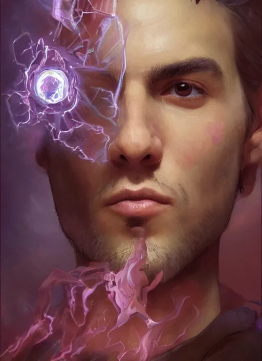 Image similar to character concept portrait of an attractive young smirking Spanish wizard with pink skin conjuring a love spell, a floating iridescent spell book in the center, intricate, elegant, digital painting, concept art, smooth, sharp focus, illustration, from Metal Gear, by Ruan Jia and Mandy Jurgens and William-Adolphe Bouguereau, Artgerm