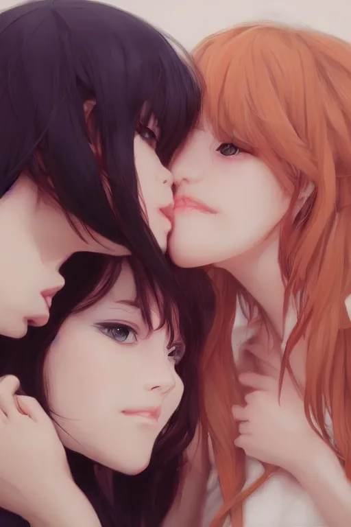 Image similar to portrait of two girls kissing, anime, drawn by WLOP, trending on Artstation