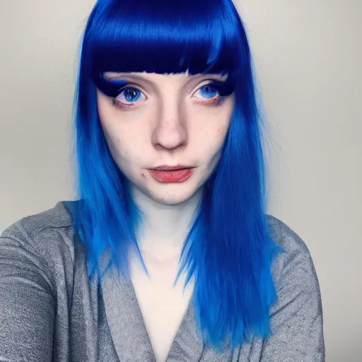 Image similar to a pale girl with blue hair, fringe, soft facial features, looking directly at the camera, neutral expression, instagram picture